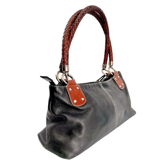 Fossil Black Pebbled Leather Purse with Brown Braided  Handles - Picture 10 of 10